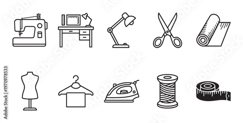 Collection of line art icons representing sewing and tailoring tools, including a sewing machine, scissors, fabric, mannequin, and tape measure.
