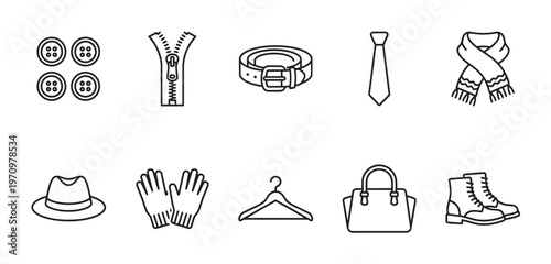 A clean black and white line art icon set showcasing various fashion accessories like buttons, zipper, belt, tie, scarf, hat, gloves, hanger, bag, and boots.