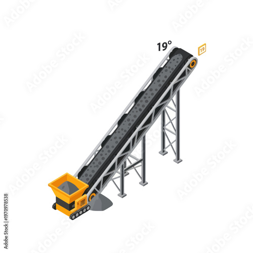 Industrial conveyor belt system transporting materials at an angle.