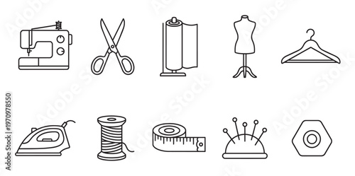 A clean, minimalist collection of sewing and tailoring icons arranged on a white background, perfect for design projects.