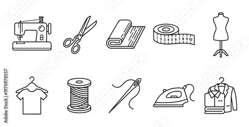 A clean line art illustration featuring a collection of sewing and fashion related icons on a white background, perfect for design projects.