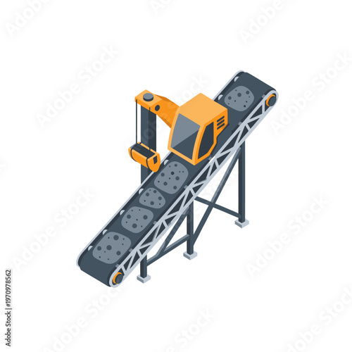 Industrial conveyor belt system with excavator arm loading materials.