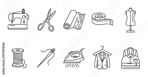 A collection of clean, line art icons representing various sewing and tailoring tools and items, perfect for crafting and fashion design themes.
