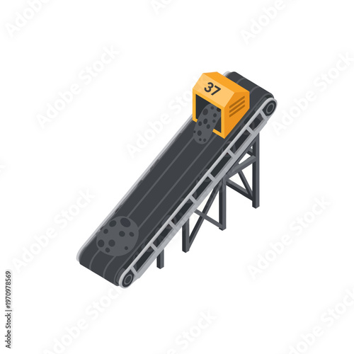 Industrial conveyor belt system with a yellow machine on top.