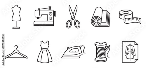 A collection of clean, minimalist line art icons depicting essential sewing and dressmaking tools on a white background, perfect for craft and fashion themes.