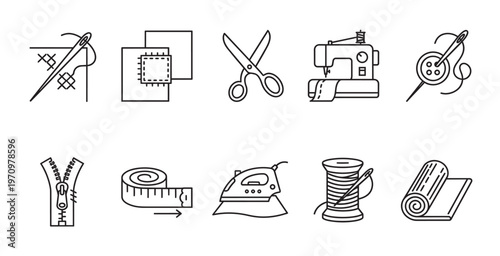 A collection of black and white line art icons depicting various sewing and craft tools, including a sewing machine, needle, thread, scissors, iron, zipper, and fabric.