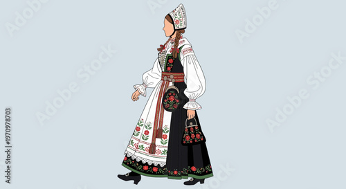 Woman in traditional Norwegian folk costume, Bunad, walking