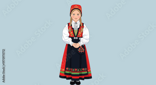 Young Norwegian girl in traditional bunad costume, full body illustration