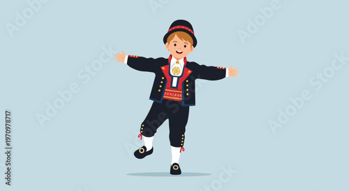 Young boy in traditional Norwegian bunad costume dancing