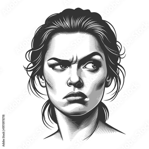 woman with narrowed eyes and a skeptical expression, conveying suspicion, doubt, and critical judgment sketch engraving generative ai vector illustration. Scratch board imitation. Black and white.