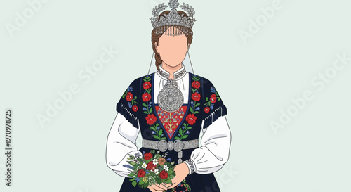 Bride in Traditional Norwegian Bunad with Crown and Bouquet