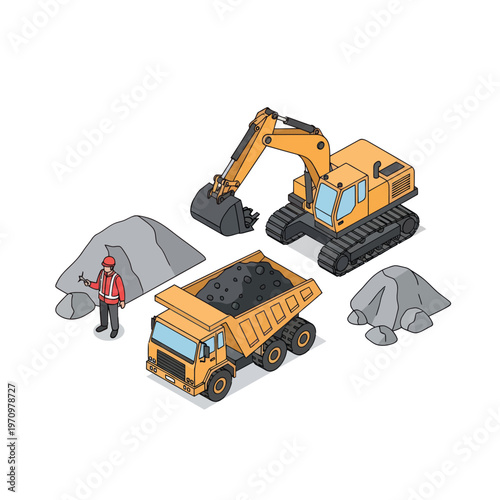Isometric Construction Site with Excavator, Dump Truck, Worker, and Piles of Rocks.