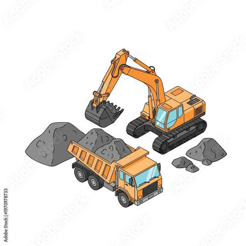 Isometric Construction Site with Excavator, Dump Truck, and Gravel Piles.