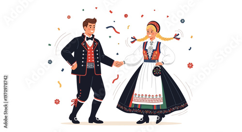 Couple Dancing in Traditional Norwegian Folk Costumes
