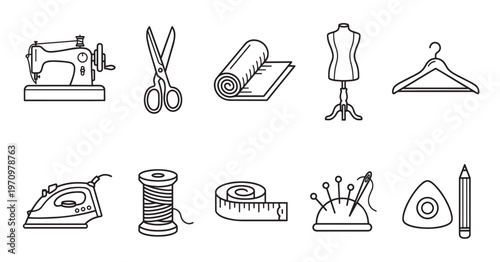 A collection of black line art icons representing various sewing and tailoring tools, perfect for craft and design projects.