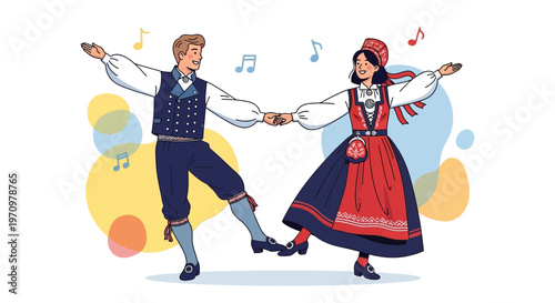 Couple Dancing in Traditional Scandinavian Folk Costumes