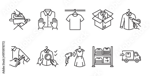 A set of clean line art icons depicting various stages of clothing care and logistics, from ironing and inspection to packaging and delivery.