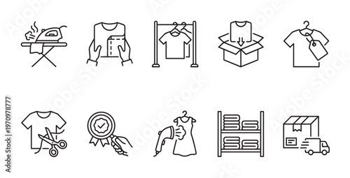 A collection of black and white line art icons representing various aspects of clothing care, customization, and logistics, from ironing to delivery.