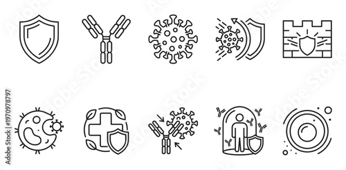 A collection of thin line icons representing immunity, virus protection, shields, and antibodies, ideal for health and science concepts.