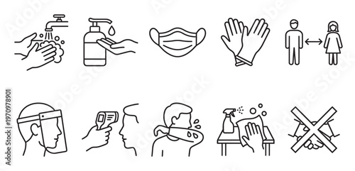 A set of clean line art icons illustrating various safety measures for preventing the spread of illness, including handwashing, social distancing, and mask-wearing.