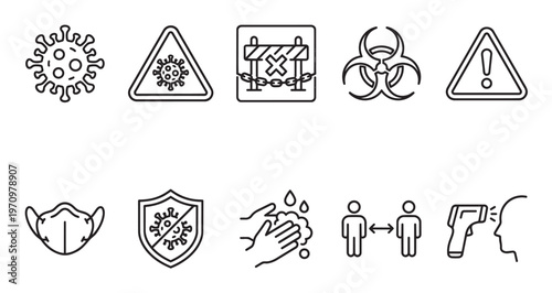 A collection of black line art icons illustrating COVID-19 prevention measures, including masks, handwashing, social distancing, and temperature checks, against a white background.