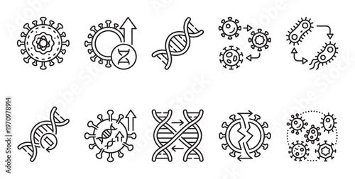 A set of black outline icons depicting viruses, DNA strands, and scientific processes related to genetics and infection, useful for medical and research concepts.