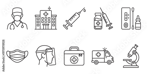 Collection of line art medical icons depicting healthcare tools such as doctor, hospital, syringe, vaccine, test kit, mask, ambulance, and microscope.
