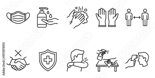 Clean simple line art icons illustrate health safety measures including masks hand washing social distancing and sanitizing surfaces to prevent virus transmission.