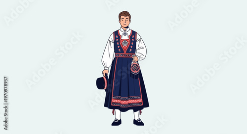 Man in Traditional Norwegian Bunad Costume Holding Hat