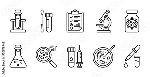 A collection of black outline icons representing medical research, laboratory equipment, and scientific discovery on a white background.