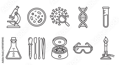 A collection of clean line art icons representing various scientific laboratory equipment and concepts, suitable for educational or research-related content.
