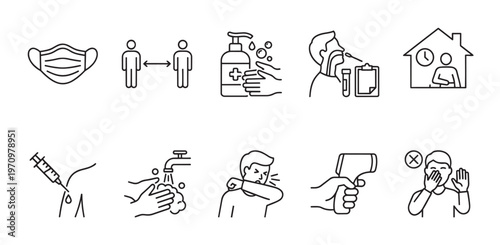 A set of simple black line icons illustrating various COVID-19 prevention measures including mask wearing, social distancing, hand washing, vaccination, and symptom checking.