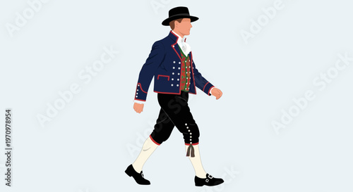 Man in Traditional Norwegian Bunad Costume Walking