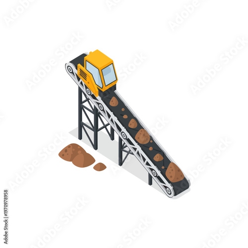 Isometric Conveyor Belt System Transporting Ore in Mining Operation.