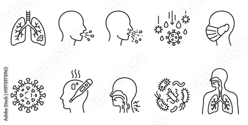 A collection of simplified line art icons representing various symptoms and aspects of pandemic illnesses including lungs, sneezing, viruses, and fever.