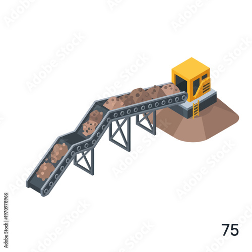 Isometric Conveyor Belt System Transporting Raw Materials in Mining Operation.