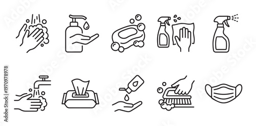 A collection of black and white line art icons representing various hygiene and cleaning practices, including hand washing, sanitizer, soap, wet wipes, and face mask.