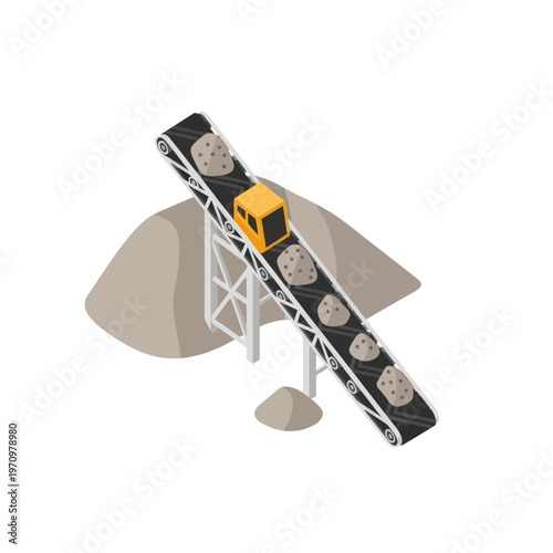 Isometric Conveyor Belt System Transporting Rocks in a Quarry.