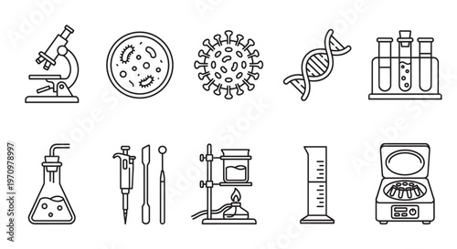A clean, modern collection of science laboratory icons in a linear style, featuring essential equipment for research and discovery.