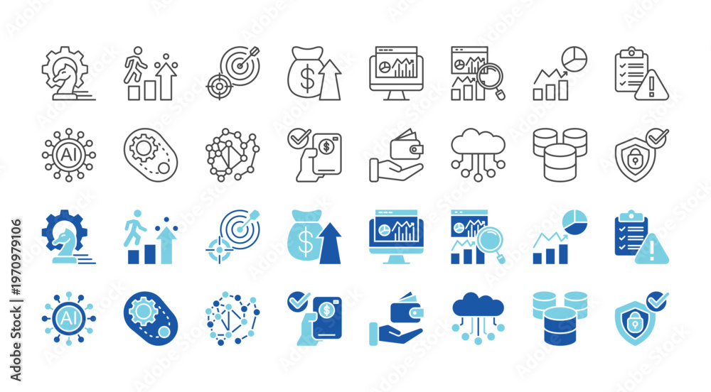 Obraz premium modern business technology icon collection. containing strategy, growth, target, profit, dashboard, analytics, chart, report, ai, automation, algorithm, payment, wallet, cloud, database, security.