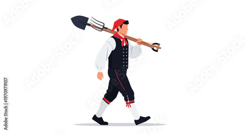Man in traditional Norwegian folk costume carrying shovel and pitchfork, walking