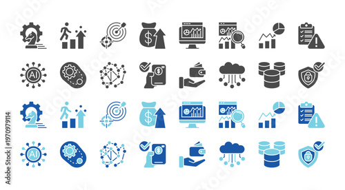 modern business technology icon collection. containing strategy, growth, target, profit, dashboard, analytics, chart, report, ai, automation, algorithm, payment, wallet, cloud, database, security.
