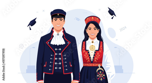 Norwegian Couple in Traditional Bunad Celebrating Graduation with Caps