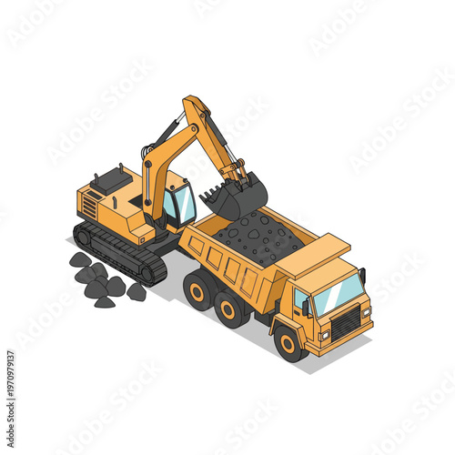 Isometric Excavator Loading Dump Truck with Coal.