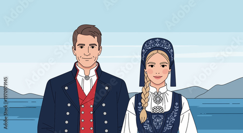Norwegian Couple in Traditional Bunad Outfits with Fjords Background