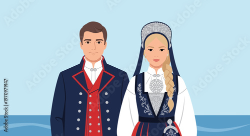 Norwegian Couple in Traditional Bunad Outfits