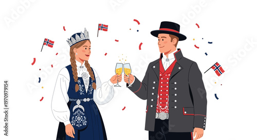 Norwegian Couple in Traditional Bunad Celebrating with Champagne