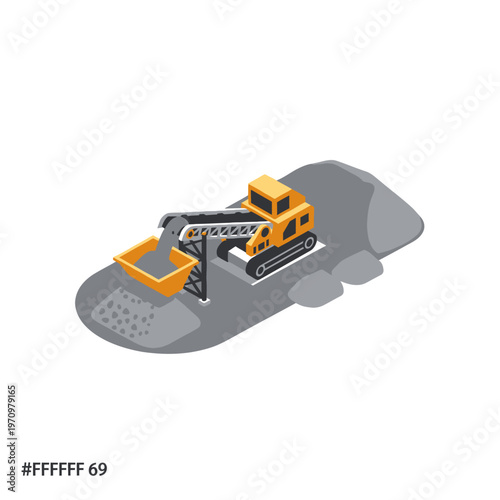 Isometric Gravel Crusher Machine on a Pile of Rocks.