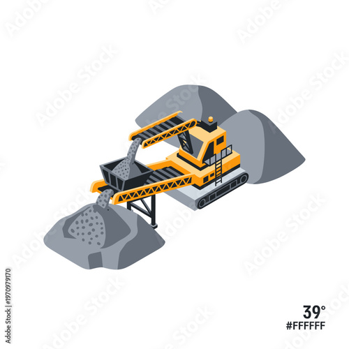 Isometric Gravel Crusher Machine Processing Aggregate Piles.