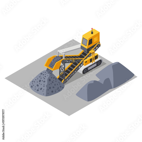 Isometric gravel crushing machine processing aggregate materials.